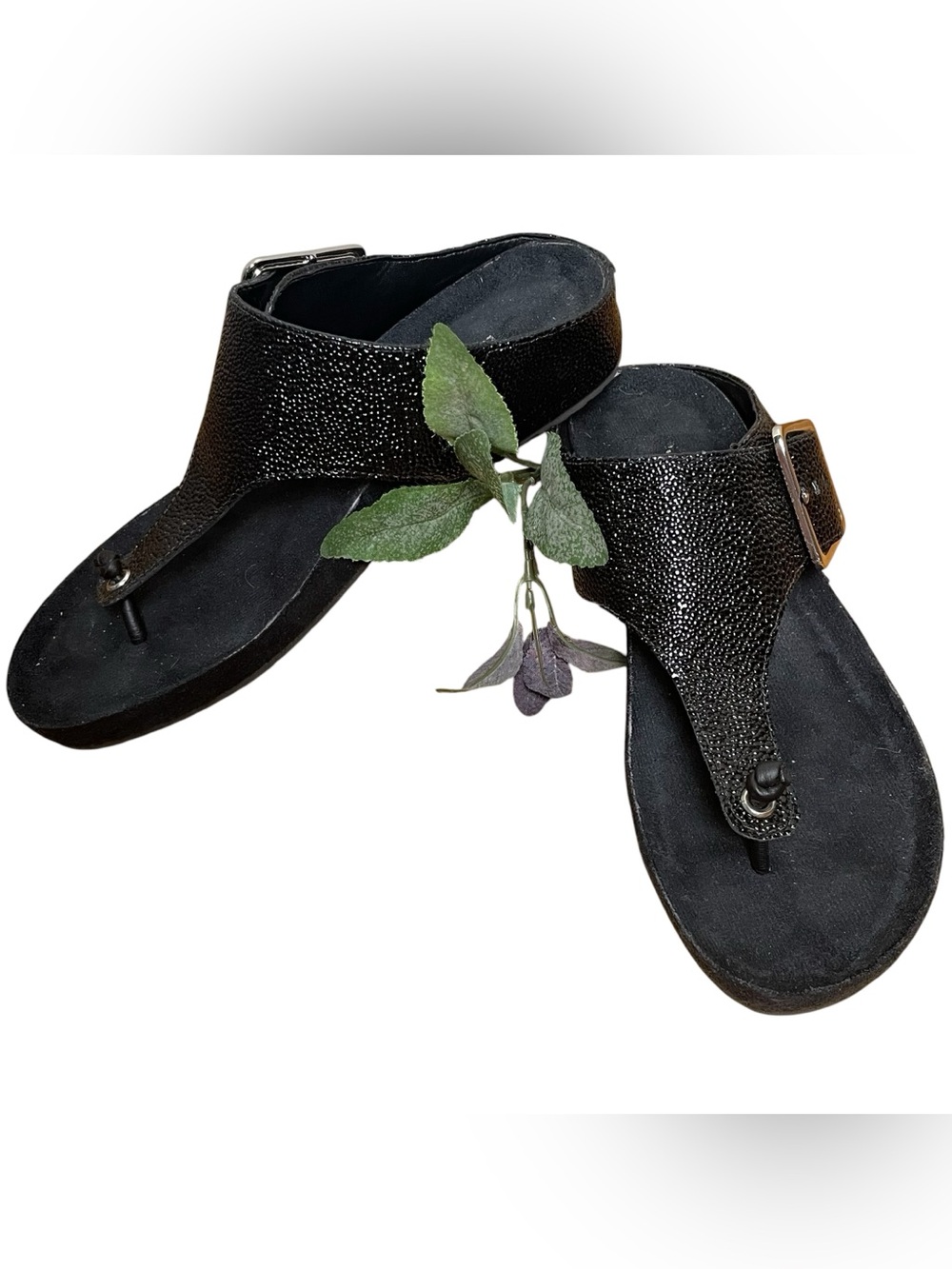 Walking Cradles Noelle Womens Thong Mule Sandals Black Sparkles Silver Buckle 7M